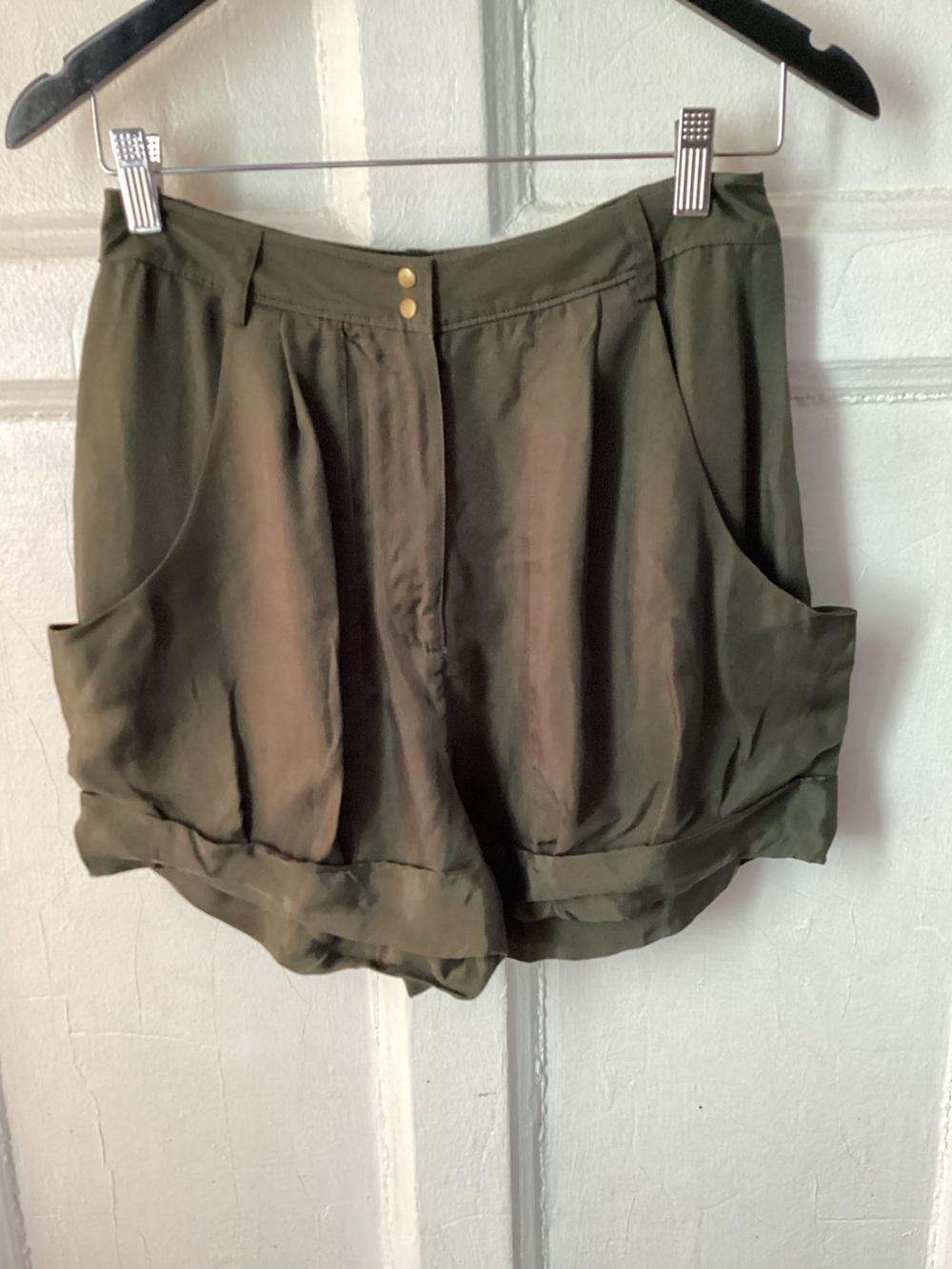 Diane Von Furstenberg Olive High-Waist Pleated Shorts